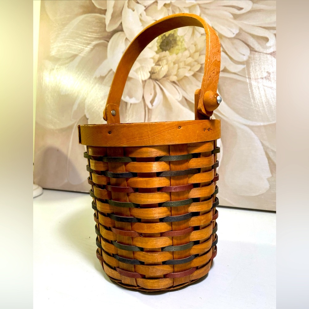 Handcrafted Longaberger Styled Deep Basket With Hinged Handle 12”Tall, 6.5” Dia.